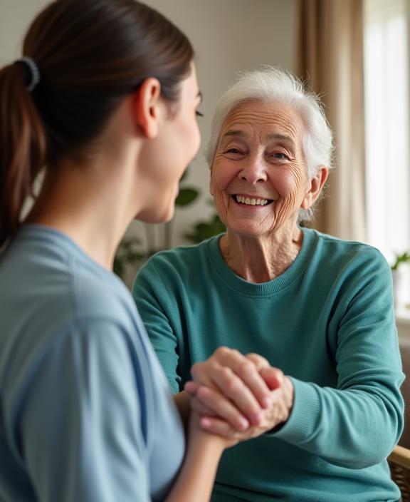 A compassionate caregiver sharing a warm moment with a senior resident.