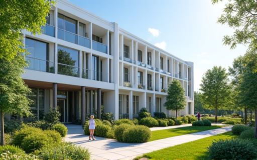 Exterior view of the modern and green Perennial Bloom retirement community building.
