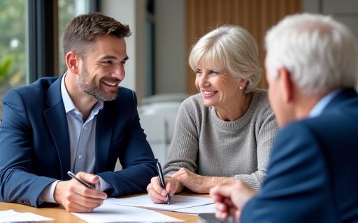 A professional and friendly financial advisor meeting with a senior couple.