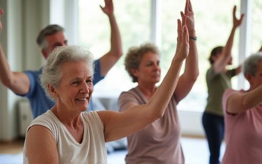 Seniors participating in a gentle yoga and wellness class.